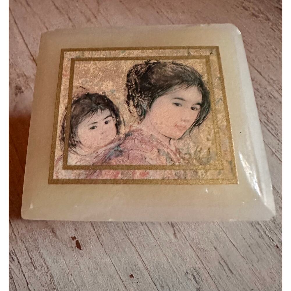 Vintage Edna Hibel Square Marble Trinket Box, 1980s Edna Hibel Art